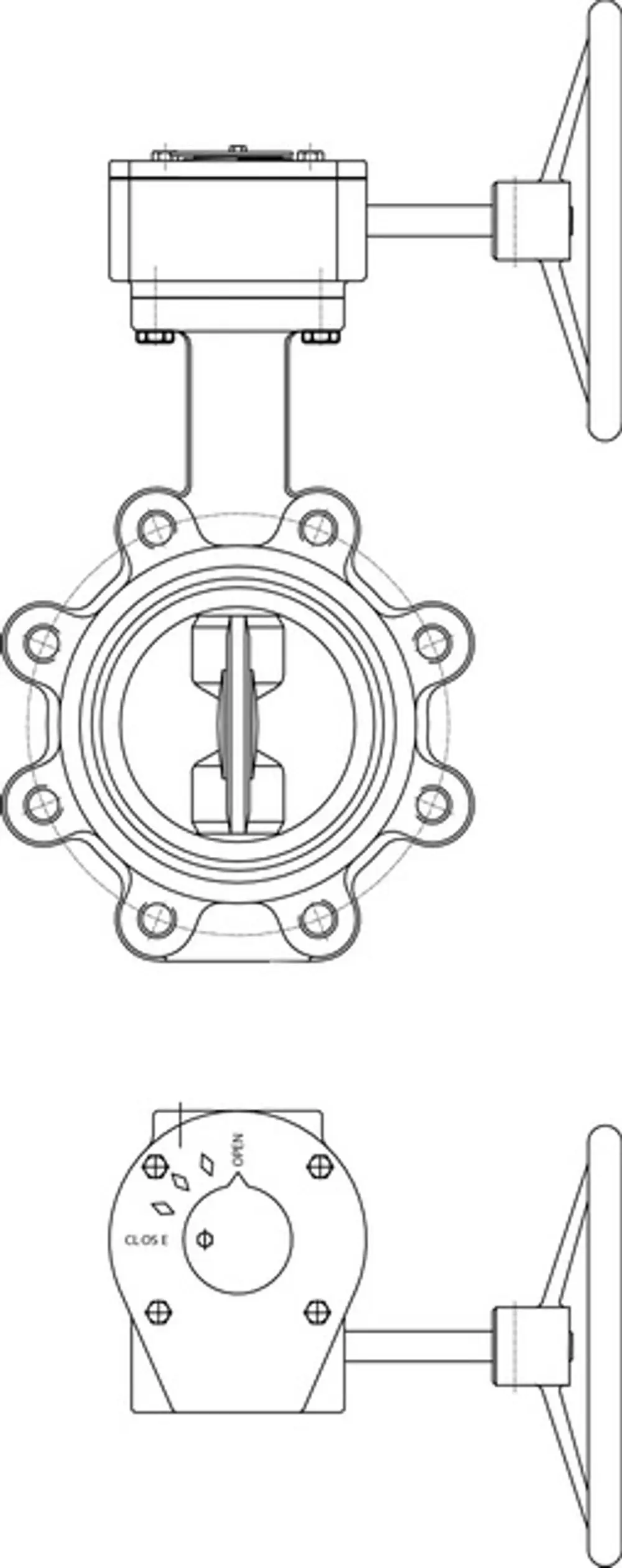 Technische Zeichnung einer Absperrklappe mit Getriebe von IMI Hydronic Engineering, die den Querschnitt, die Anbindung und die Bedienelemente zeigt.